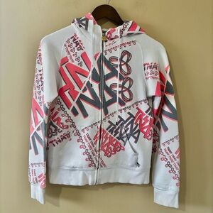 Tna| Aritzia| Fun Y2K White-Pink-Grey Graphic Zip-Up Classic Logo Hoodie Sz S